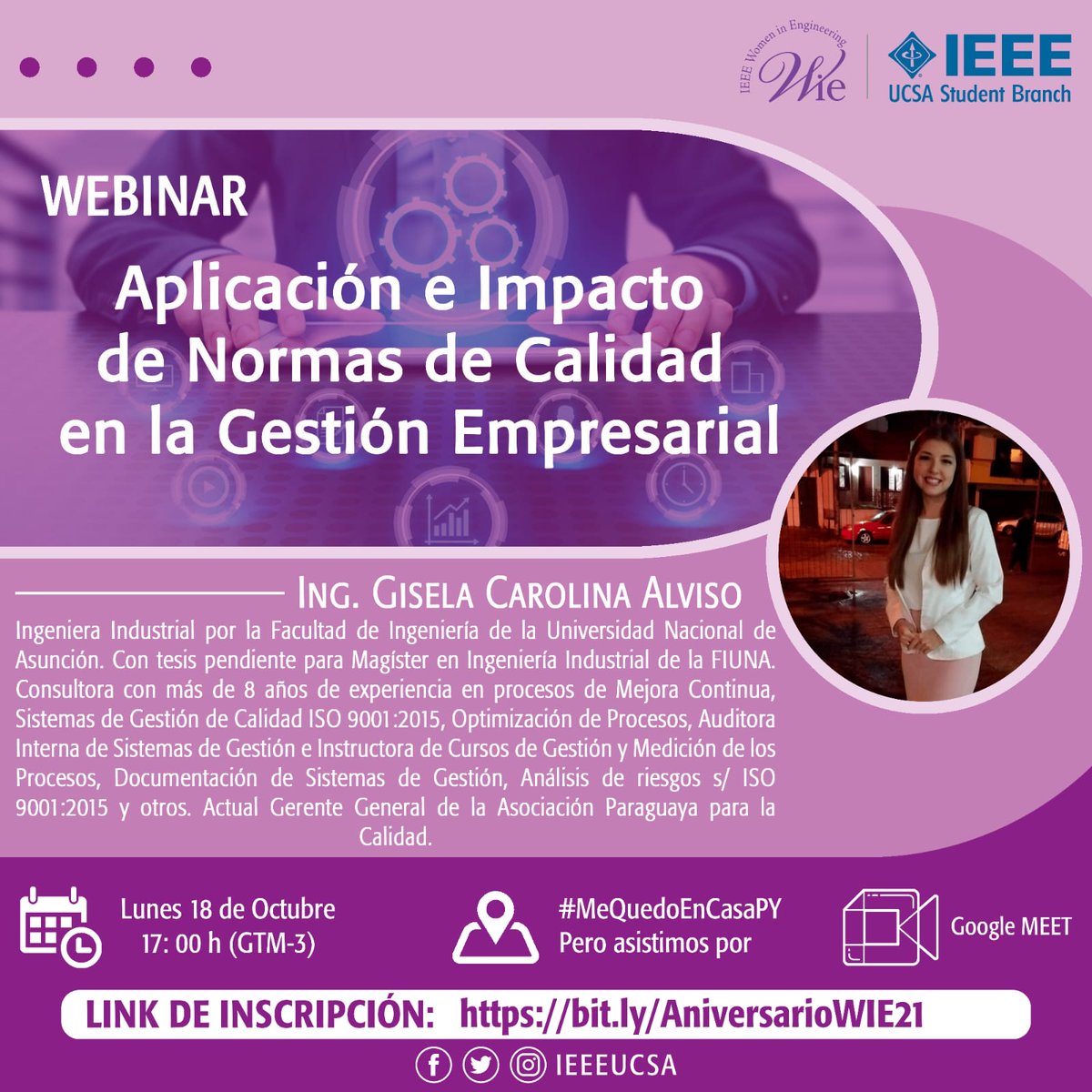ieeeucsa's tweet photo. 🎊CUARTO Aniversario IEEE WIE UCSA AG 🎊
Y lo celebremos con nuestro #WIEbinar 👩🏻‍💻

▶️Aplicación e impacto de normas de calidad en la gestión empresarial.◀️
👷🏼‍♀️Disertado por Gisela Alviso, Ingeniera Industrial🌐 https://t.co/Fbm2PkWWhn