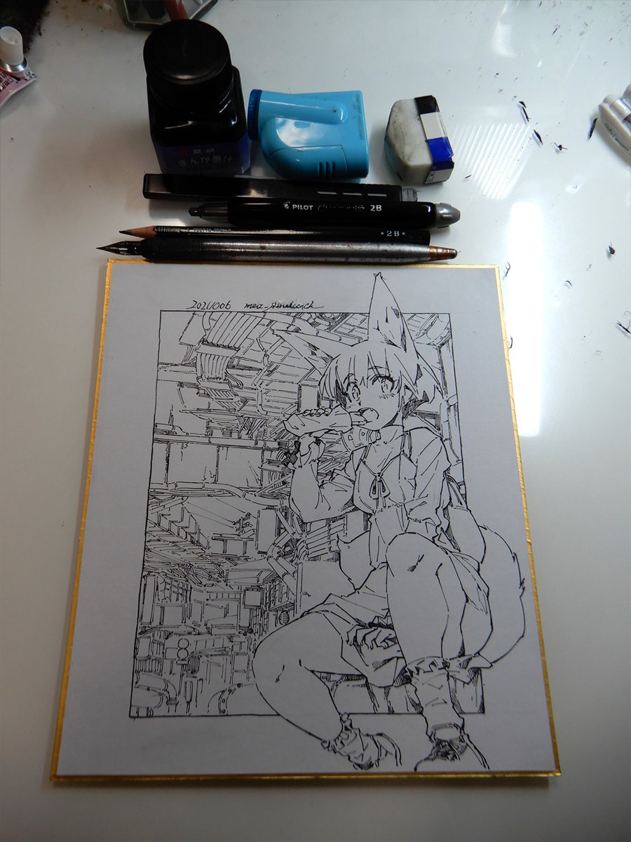 線画。この線を見てしまうと大きい色紙でもGペンを使いたくなるが…全画面とかだったら大変だろうな。 