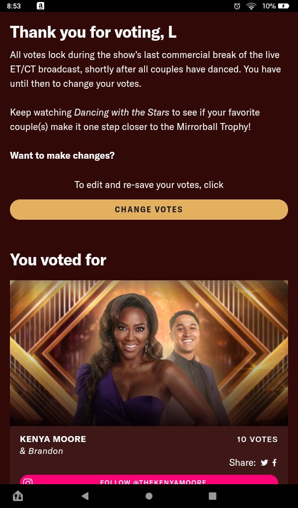 lworkyourgifts's tweet photo. I got my votes in again! #voteKenya #KenyaMoore #Brandon #DWTS https://t.co/vg85aCL5lN