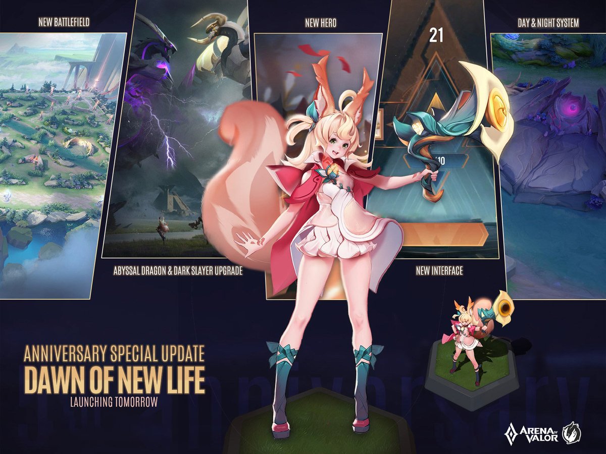 ArenaofValor's tweet photo. Patch notes for the tomorrow's Arena of Valor Anniversary Update are now available for your reading pleasure!

https://t.co/9Or1N8GFGa   
 
What's your favorite feature about this upcoming patch? #ArenaofValor #AnniversaryUpdate https://t.co/7OScdDI69Q