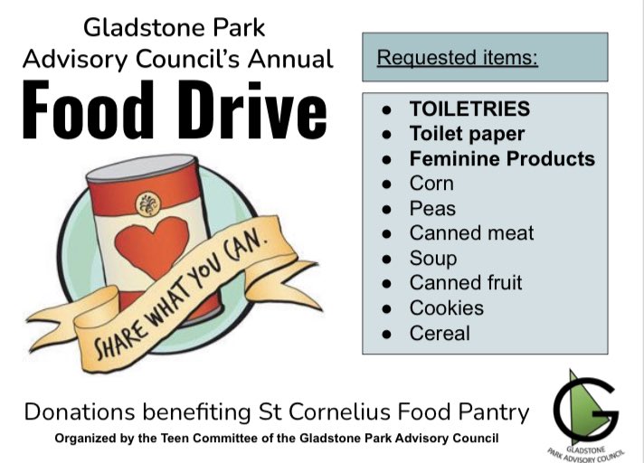Help support local food pantries. Our teen committee is running their annual food drive! Drop off locations with be Gladstone park and more to come.