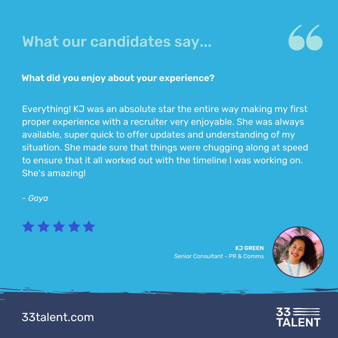 33_Talent's tweet photo. We love to hear such wonderful feedback, it makes our day. Well done KJ Green for creating the magic!

If you're looking for a new role or are keen to find out more about the job market, pop us your latest CV here ➡️ https://t.co/Z5JdQYdYpo https://t.co/zLTuaAh8NW