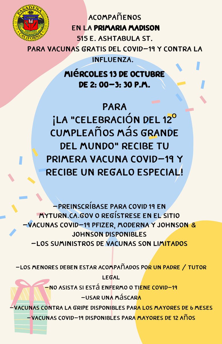 PasadenaUnified's tweet photo. Calling all PUSD students looking to celebrate their 12th birthday this year with us!  Students who are at least 12 years old get a special gift upon their first COVID-19 vaccination. Vaccinations available for all ages as well. https://t.co/qohkkeap19