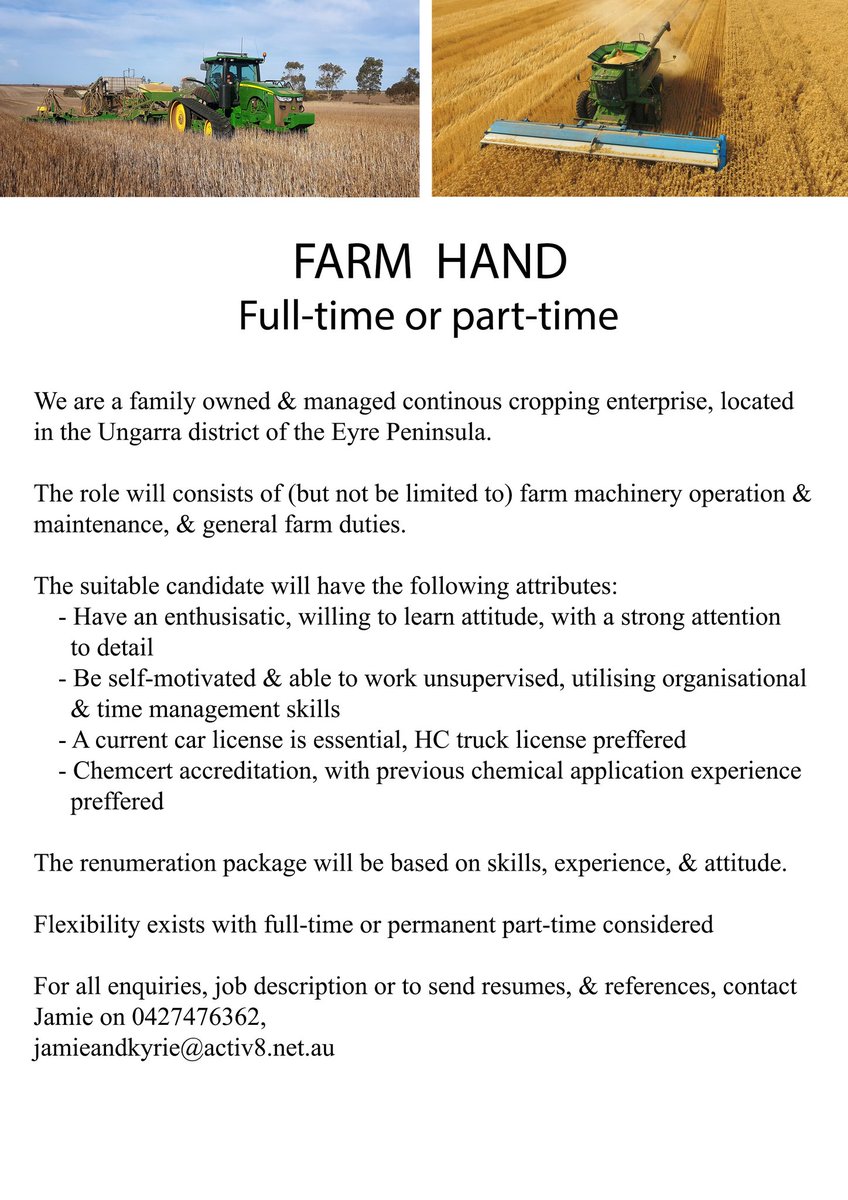We are seeking a chaser bin operator for this upcoming harvest, &amp; this Farm Assistant position moving forwards. Lower Eyre Peninsula, SA. TIA for retweets 👍