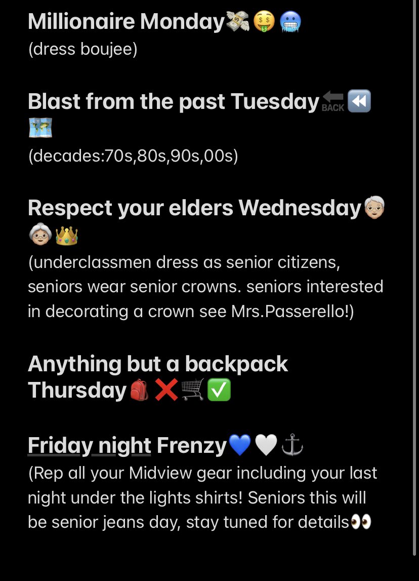 HEY MIDDIES!!! Who loves their seniors???Next week is Senior Appreciation Week so it’s time to show your school spirit! Here are the themes: