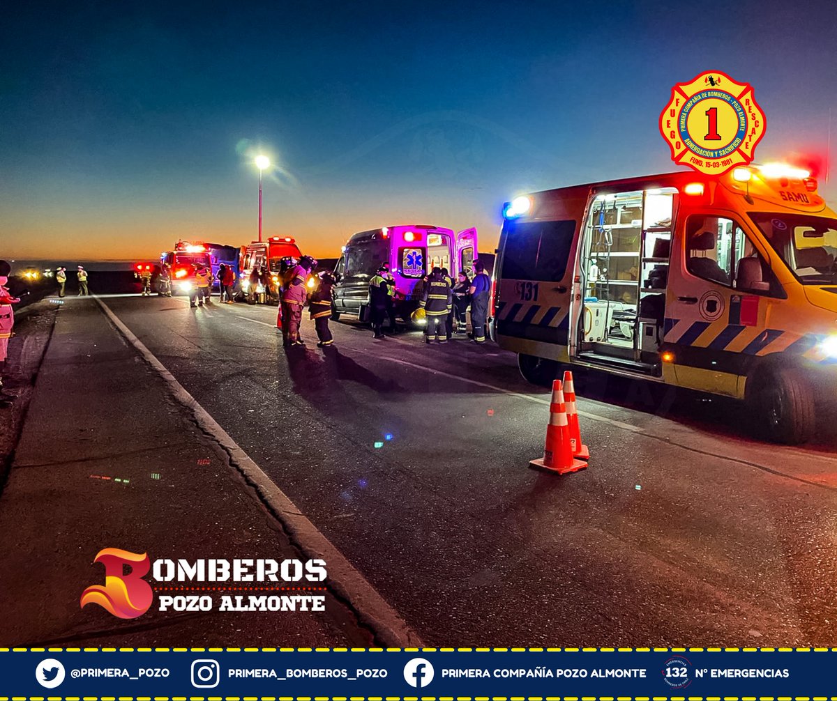 🚨Bomberos Pozo Almonte y Quillagua, 🚒🚒🚒Concurrieron a Accidente Vehicular en ruta 5 Norte Km 1665  Bus de trabajadores colisiona por la parte trasera a camión con batea debido a la poca visibilidad por tormenta de arena,
9 personas lesionadas.
<a href="/BomberosdeChile/">Bomberos de Chile</a>
<a href="/SamuTarapaca/">SAMU Tarapacá</a>