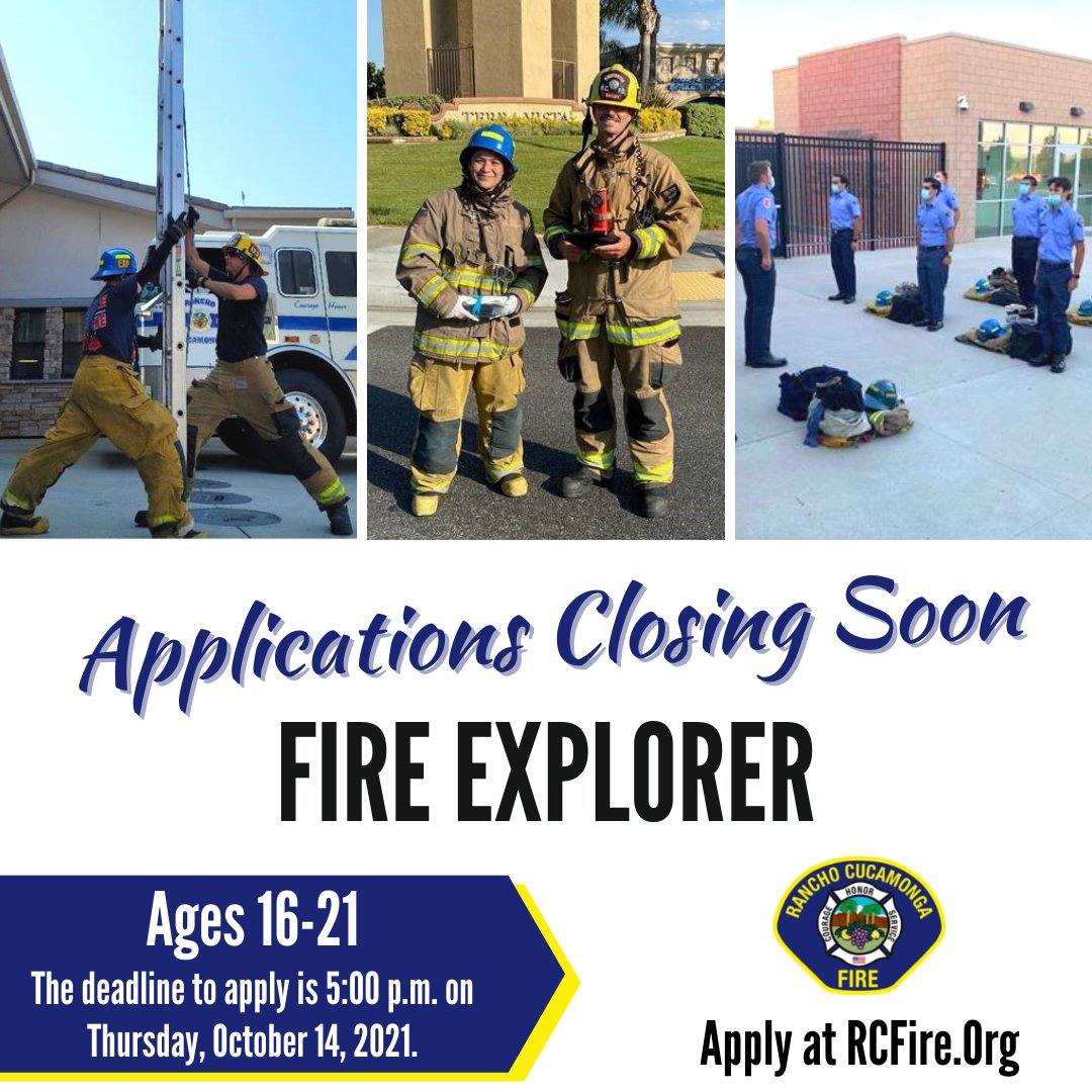 RCFD_PIO's tweet image. Applications for our #FireExplorer program close Thursday! If you are between 16-21 years old &amp;amp; interested in a fire service career, we encourage to apply!

Apply at RCFire.Org. All items due by 5 p.m. on 10/14/21.

For questions email RCFDFireExplorer@CityofRC.us