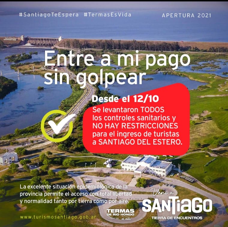 Turismo_SDE's tweet photo. #ENTREAMIPAGOSINGOLPEAR 
A partir del 12 de octubre se levantaron los controles sanitarios y NO HAY RESTRICCIONES para el ingreso de turistas.
La excelente situación epidemiológica de la provincia permite el acceso con normalidad tanto por tierra como por aire
#Santiagoteespera https://t.co/eL4kHMtowr