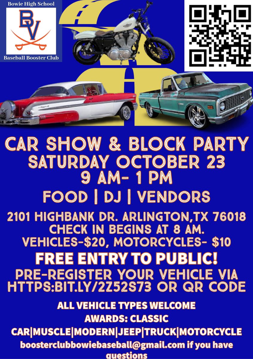 BaseballBowie's tweet photo. Excited to announce the return of our annual car show! 👀👀👀 out the details on the flyer! Hope to see y’all there! https://t.co/2HzJZTY2iT