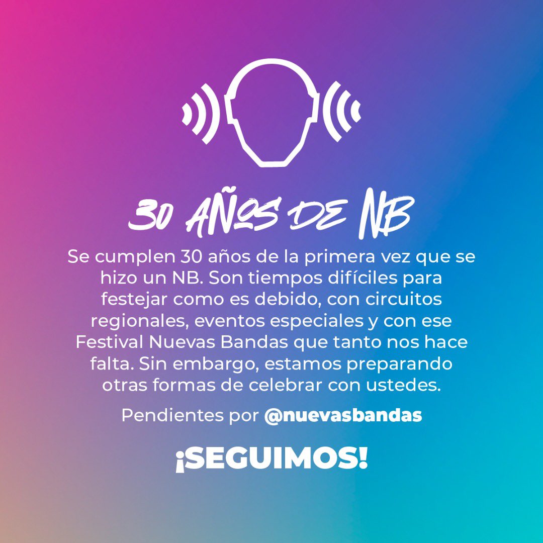 Son 30 años de aquel primer Nuevas Bandas hecho en 1991.

Si bien son momentos en los que se nos imposibilita celebrar tres décadas con un festival, estamos preparando varias maneras para conmemorarlo.

Pronto tendremos algo para ustedes. #30AñosDeNB 🍔💿🎸