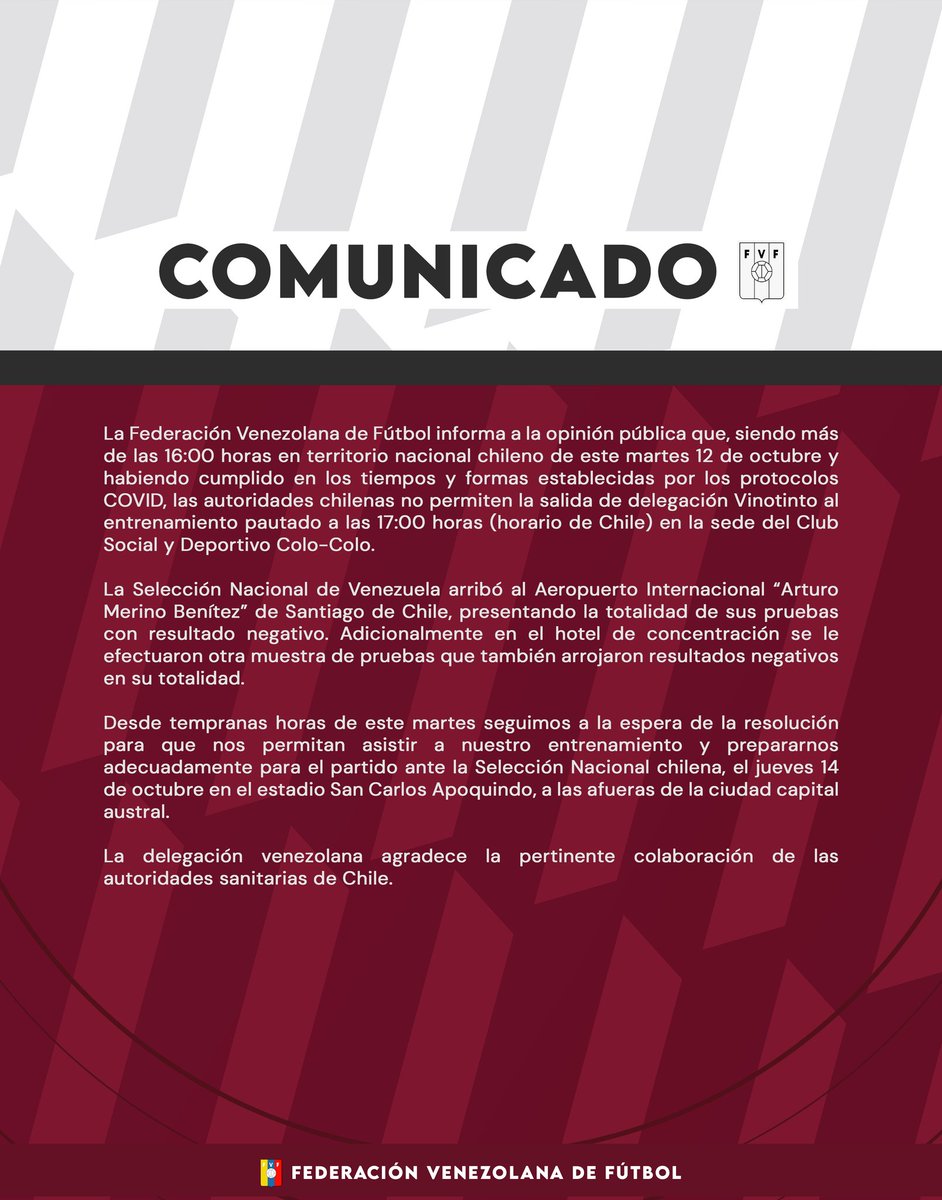 erivas06's tweet photo. A pesar de tener PCR -, la Seremi de Salud de #Chile no dejó salir a la #Vinotinto del hotel en el que se hospeda.
Al final, el permiso de las autoridades sanitarias llegó tarde y el equipo decidió entrenar en el subterráneo del hotel.
Mañana entrenarán en el Estadio Monumental. https://t.co/vjSdhRPE8m