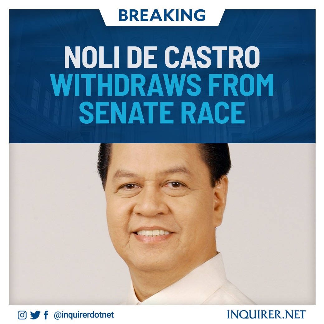 inquirerdotnet's tweet photo. BREAKING: Veteran broadcast journalist and former Vice President Noli de Castro withdraws his candidacy for Senate. #OurVoteOurFuture #PILIpinas | @JEMendozaINQ https://t.co/X50FJKcayS