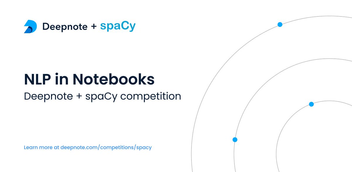We've partnered up with <a href="/explosion_ai/">Explosion</a> and <a href="/JinaAI_/">Jina AI</a> for our <a href="/DeepnoteHQ/">Deepnote</a> + <a href="/spacy_io/">spaCy</a>  🏆 NLP in Notebooks competition 🏆.

Create &amp; publish a notebook solving NLP tasks and win a $1000 prize! Learn more at deepnote.notion.site/NLP-in-Noteboo…