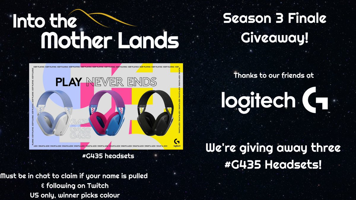 MotherlandsRPG's tweet photo. We've got extra loot for tomorrow's Season 3 finale! We're giving away 3 #G435 headsets thanks to our friends at @LogitechG #ProductProvidedByLogitechG
Details below ⬇️⬇️ https://t.co/i2sKHdUuE3
