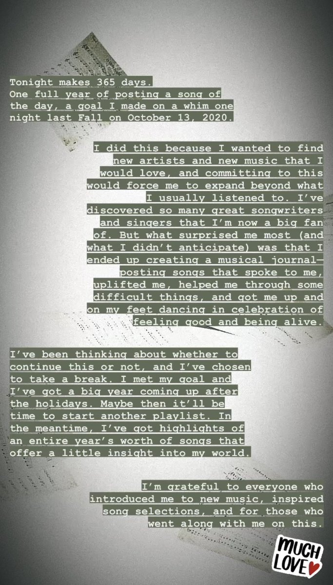 A full year’s playlist.
I made it!