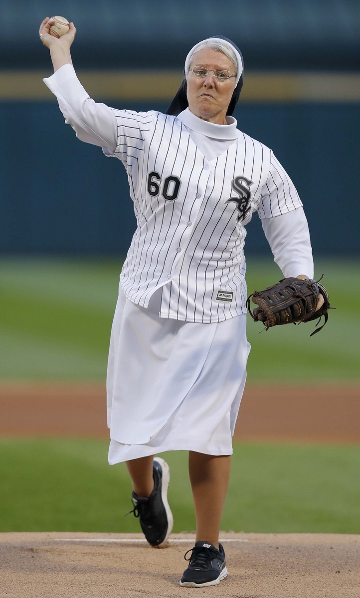 Sister Mary Jo Sobieck @sistermojo12, a Dominican Sister of Springfield @springfieldop in Springfield Illinois, throwing out the first pitch at a Chicago White Sox @whitesox baseball game in September 2018. @usatodaysports photo by Jim Young.