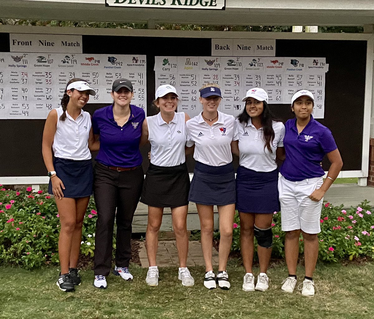 HSHSwomensgolf's tweet photo. Congratulations to HSHS Maria Atwood and Kelsey Jones - First Team All Conference and Anika Ouellette and Kiran Kaur - 2nd Team All Conference!! Way to represent lady hawks! 💜💛👏🏼🏌🏻‍♀️@HSHawksAD https://t.co/iG2wlJVbT5