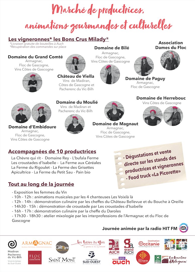 [📣 Ô Milady, #femmes de talent !]

Retrouvez les #Milady, le samedi 16 octobre à #Auch pour un #marché de productrices avec #animation #gourmandes et #culturelles ! 🙋‍♀️
Animation #musicale, démonstrations #culinaires et atelier #mixologie sont au rendez-vous.