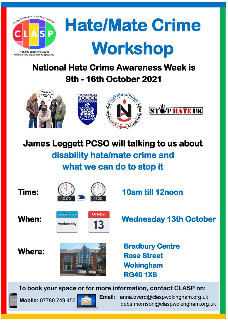 James Leggett PCSO of <a href="/ThamesVP/">Thames Valley Police</a> will be talking to us today about disability hate/mate crime and what we can do to stop it.

<a href="/stophateuk/">Stop Hate UK</a> 

#NationalHCAW #WeStandTogether #NoPlaceForHate #SafePlaceForAll #SpreadLoveNotHate #StopHateStartHere