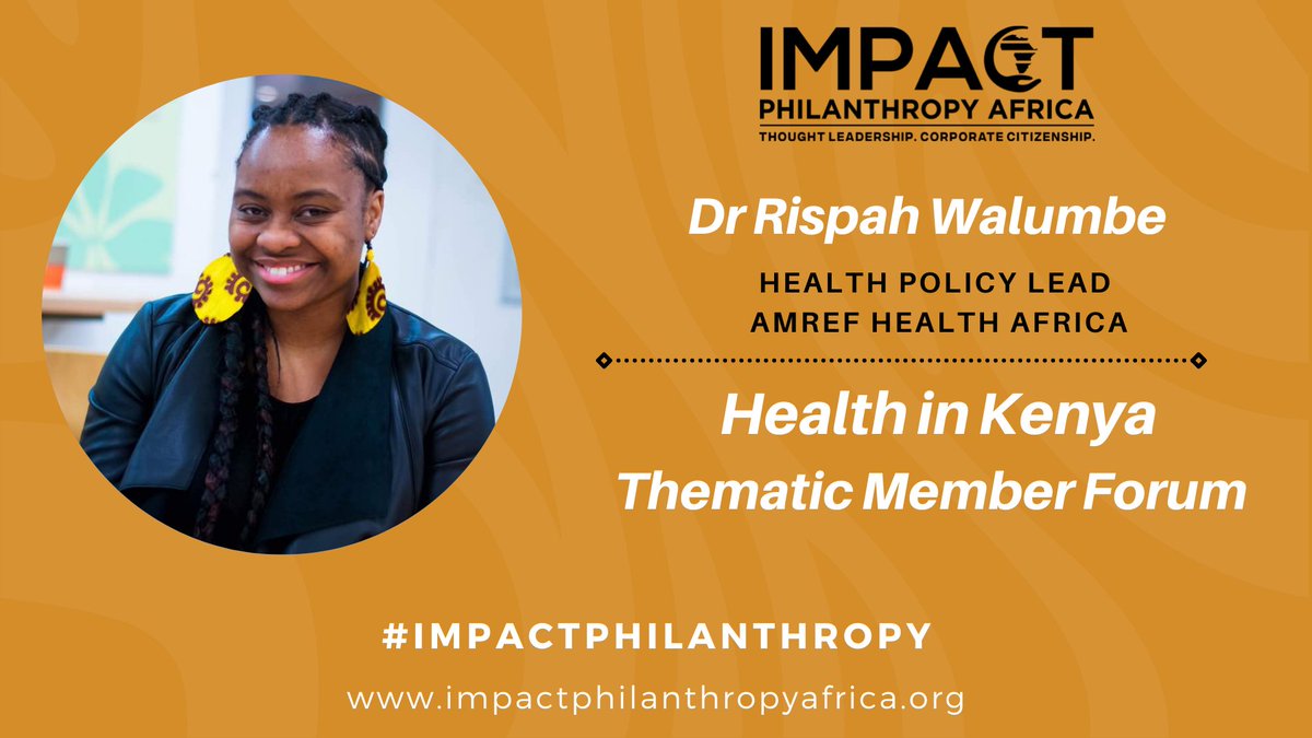 The Health in Kenya Virtual Forum is now live! 

Join us as we listen in to <a href="/Amref_Worldwide/">Amref Health Africa</a>  Health Policy Lead, Dr Rispah Walumbe speaking about Regional perspective on what we are learning across Africa.

Join us now: bit.ly/2YkUQX3 
#ImpactPhilanthropy
