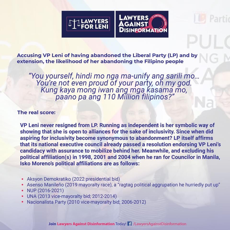 Lawyers against Disinformation replies to Mayor <a href="/IskoMoreno/">Isko Moreno Domagoso</a>  recent statements on <a href="/lenirobredo/">Leni Robredo</a> 2/2