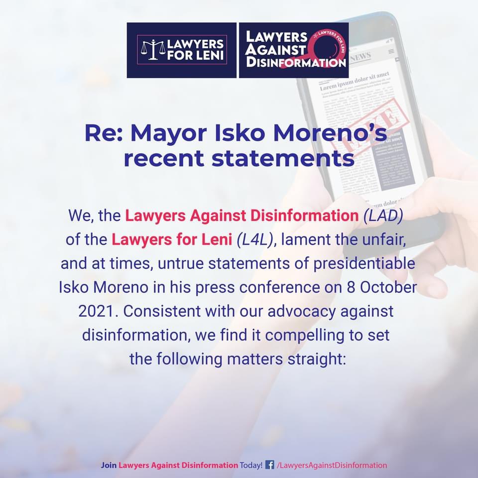 momblogger's tweet photo. Lawyers against Disinformation replies to Mayor @IskoMoreno  recent statements on @lenirobredo 1/2 

#leniKiko2022 #labanleni2022 #fightdisinfo https://t.co/cwchNU34Xz