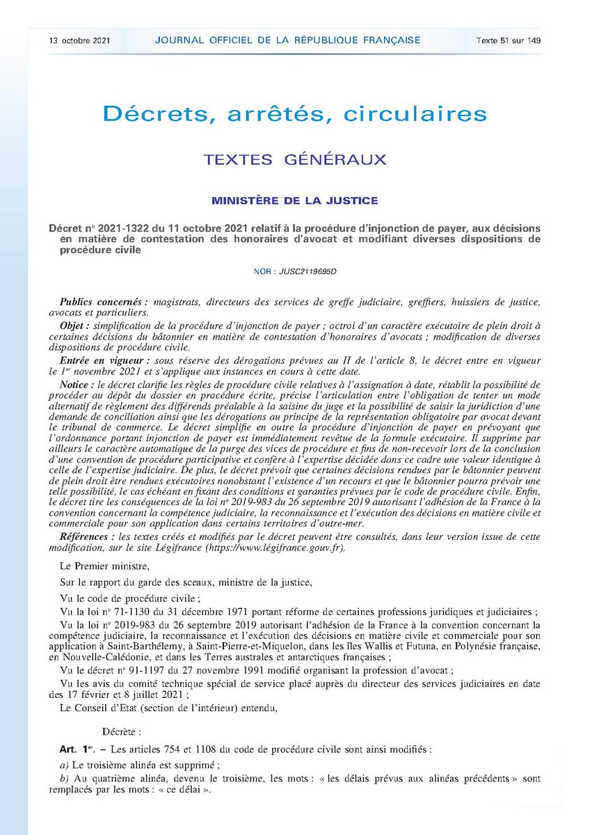 Edith_Dumont's tweet photo. ⚠️ #Huissiers_de_justice #Greffiers_de_TC #Avocats #Injonction_de_payer
[JO] Le décret n° 2021-1322 du 11 octobre 2021 simplifie la procédure d’#injonction_de_payer, à une date fixée par arrêté et au plus tard le 1er mars 2022 ➡️ https://t.co/57yQOdWTQm https://t.co/Z4sLFuDTyt