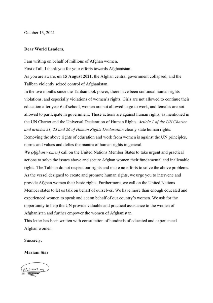 Hi everyone, 

Today I started the (#worldprotectrightsofafghanwomen)hashtag to ask the world leaders to secure fundamental and inalienable rights of Afghan women. 
Please share the hashtag with the letter. 

Thanks,
Mariam