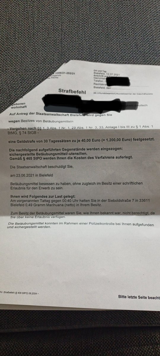 Strafbefehl wegen 0,49g zu 1200€