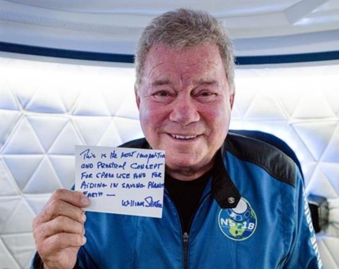 Dans 6 h william Shatner, acteur Capitaine 'Kirk' de Star Trek s'installera à bord de la capsule de Blue Origin et deviendra à 90 ans la personne la plus âgée de l'Espace