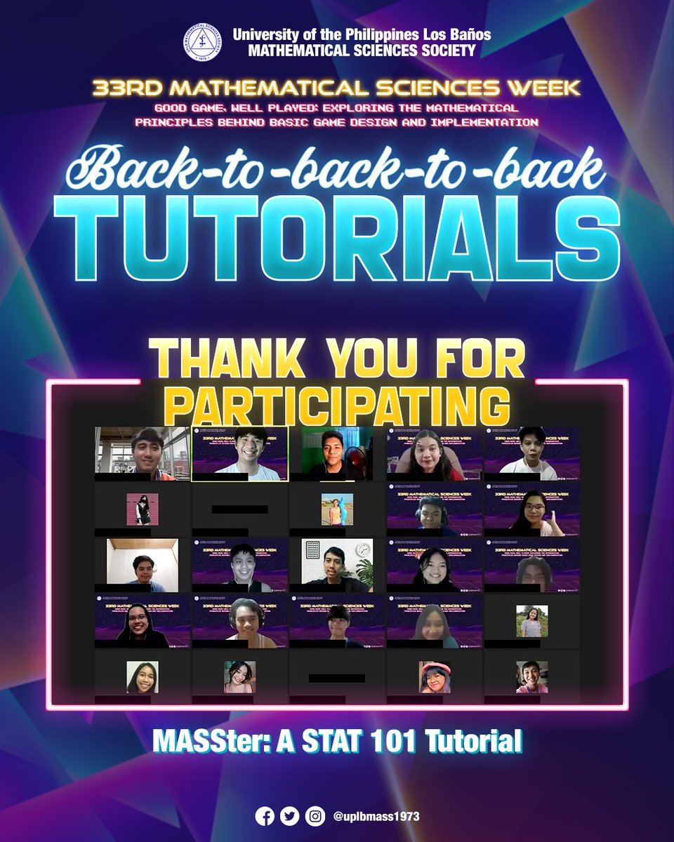 uplbmass1973's tweet photo. Thank you STAT 101 students for attending the first part of our 𝑩𝒂𝒄𝒌-𝒕𝒐-𝑩𝒂𝒄𝒌-𝒕𝒐-𝑩𝒂𝒄𝒌 𝑴𝑨𝑺𝑺𝒕𝒆𝒓: A three-week tutorial series on STAT 101, MATH 27, and CMSC 56.
See you in our future tutorial sessions!
#33rdMathematicalSciencesWeek💻
#MASSter
#GGWP https://t.co/YfyBxQnbO9