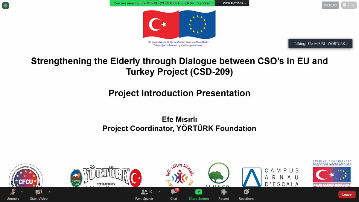 "AB ve Türkiye'de Yaşlıların Güçlendirilmesine Yönelik Politikalar ve İyi Uygulamalar" başlıklı online çalıştayımız, Proje Koordinatörümüz Efe Mısırlı'nın projemizi tanıtan sunumuyla başladı. <a href="/ABBaskanligi/">T.C. Dışişleri Bakanlığı Avrupa Birliği Başkanlığı</a> <a href="/DiyalogProjesi/">SivilToplumDiyaloğu</a> #activeaging