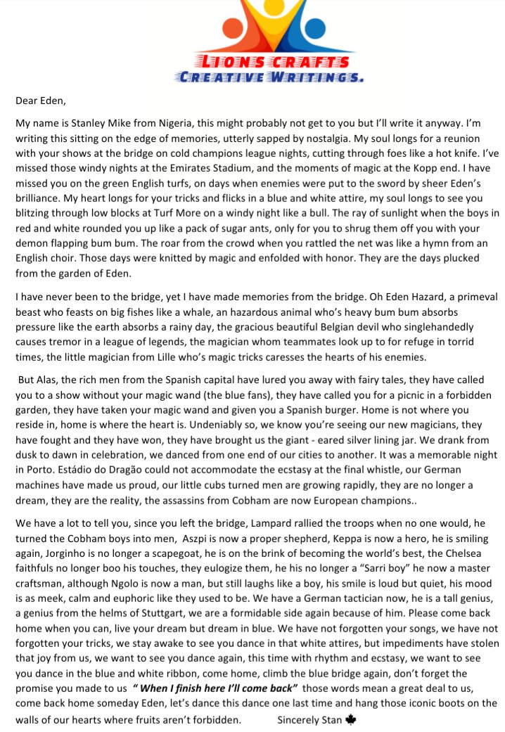 StanleyMikeCB's tweet photo. An open letter to @hazardeden10 💌. Kindly retweet until it gets to him. 🙏 https://t.co/d9gNdtw3Pw