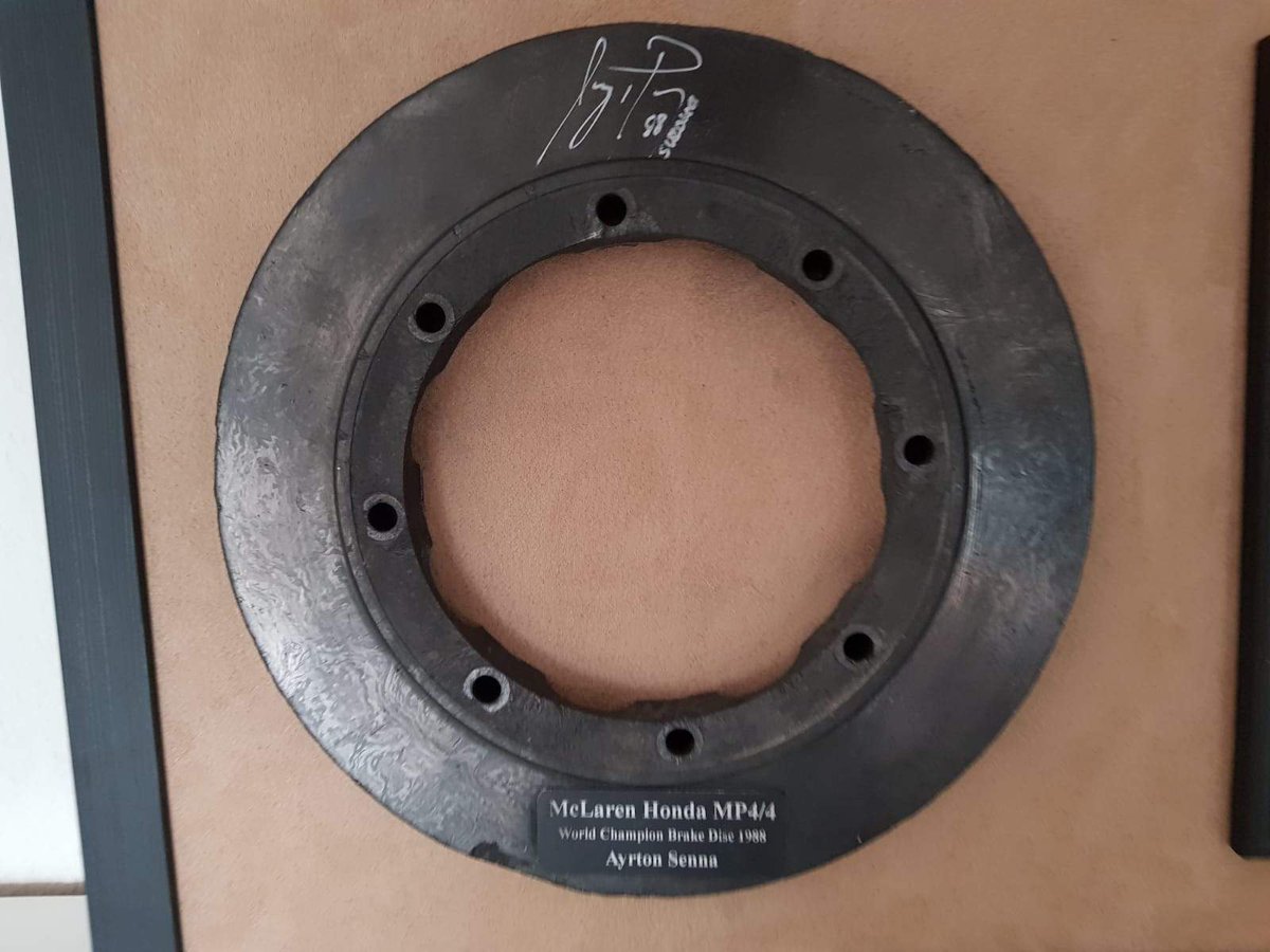 MemorabiliaExp's tweet photo. 1988 Ayrton Senna McLaren MP4/4 Brake disk signed.

This disk brake has been used by Ayrton Senna during the 1988 Japan GP (Suzuka) while driving the legendary McLaren Honda MP/4.
Hand signed, dated with the mention "Suzuka" and accompanied by a McLaren CoA. Price upon request. https://t.co/cRJZZPdMJF