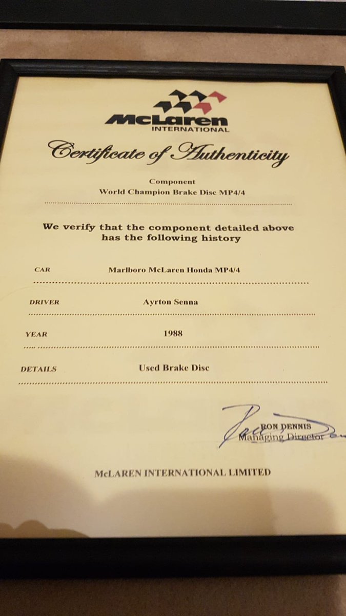 1988 Ayrton Senna McLaren MP4/4 Brake disk signed.

This disk brake has been used by Ayrton Senna during the 1988 Japan GP (Suzuka) while driving the legendary McLaren Honda MP/4.
Hand signed, dated with the mention "Suzuka" and accompanied by a McLaren CoA. Price upon request.