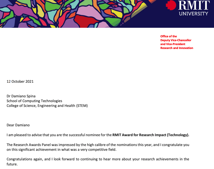 damiano10's tweet photo. Yesterday I started the day receiving this 🥰

Thrilled, honoured, and grateful to all the continuous support I receive from my mentors and the hard work of my collaborators and students. 

Thank you! 

@RMIT @ResearchRMIT @AdmsCentre @rmit_cidda @RMITComputing #research #impact https://t.co/RdtZHEvhkY