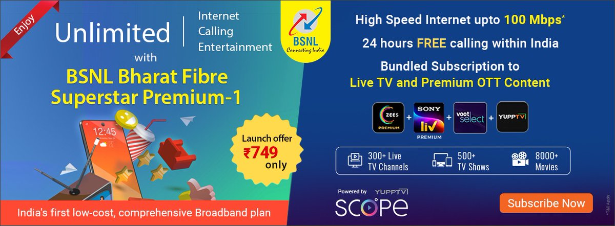 bsnl_tt's tweet photo. Enjoy High Speed Internet upto 100 Mbps* for ₹ 749, Unlimited (Internet I Calling I Entertainment) with BSNL Bharat Fibre Superstar Premium-1, plus Bundled Subscription to Live TV and Premium OTT Content.  https://t.co/gAz9yppsQV https://t.co/g4gCTixUxB