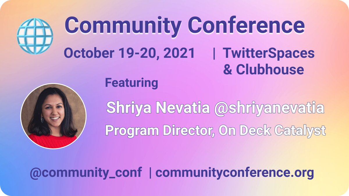 community_conf's tweet photo. Featured Speaker: Shriya Nevatia

Shriya is a long-time community builder and head of @beondeck's Catalyst program.

Register to learn from Shriya and other amazing speakers:
https://t.co/SjfHxmdVfP

@shriyanevatia https://t.co/RcuLRx0fvl