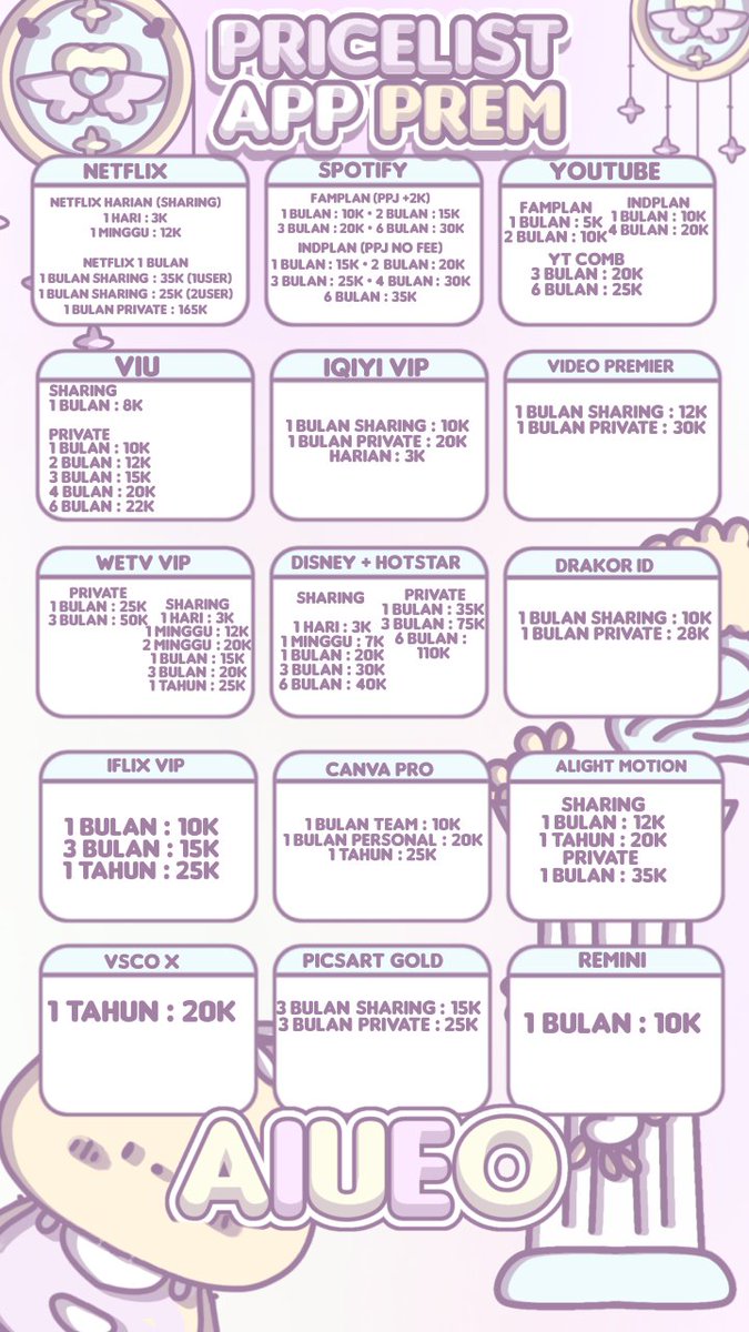 aiueostore's tweet photo. @jeontrii9798 haii !! lagi nyari app premium? aku ada nihh kakk, yuk intip dulu pricelist nya 😉
order DM / wa ( https://t.co/97CfIkbYCY )

💸 dana, gopay, shopay, ovo https://t.co/AwZ2oHqBAJ