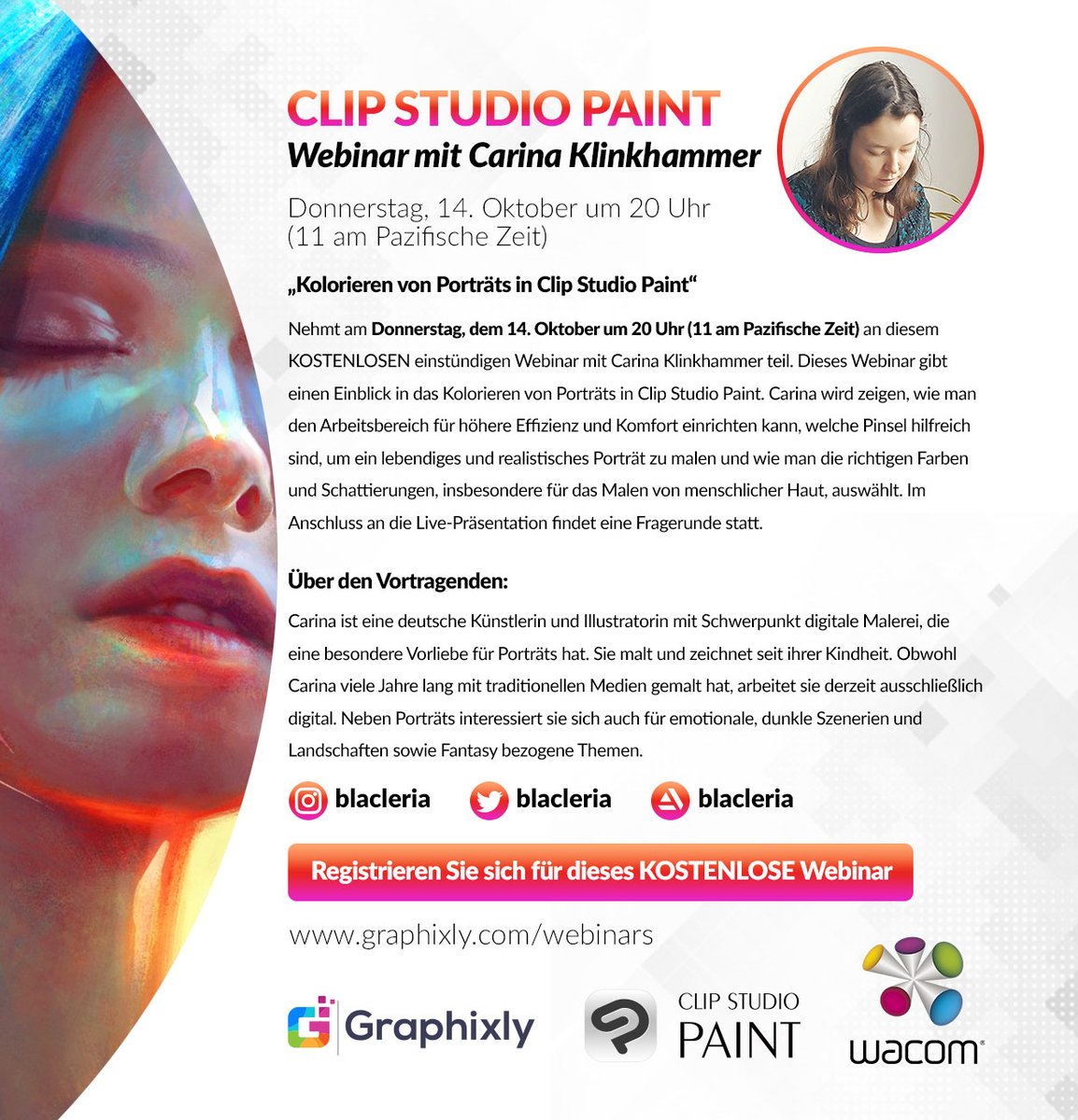 clipstudiopaint's tweet photo. Verpasse nicht Carina Klinkhammers @blacleria GRATIS Webinar zum Thema „Kolorieren von Porträts in Clip Studio Paint“! 

Registriere dich hier: https://t.co/cJa2EqW3Kc 

Mehr Infos: https://t.co/Ayz0bc6S92 @graphixly https://t.co/zrX9UDwyrK