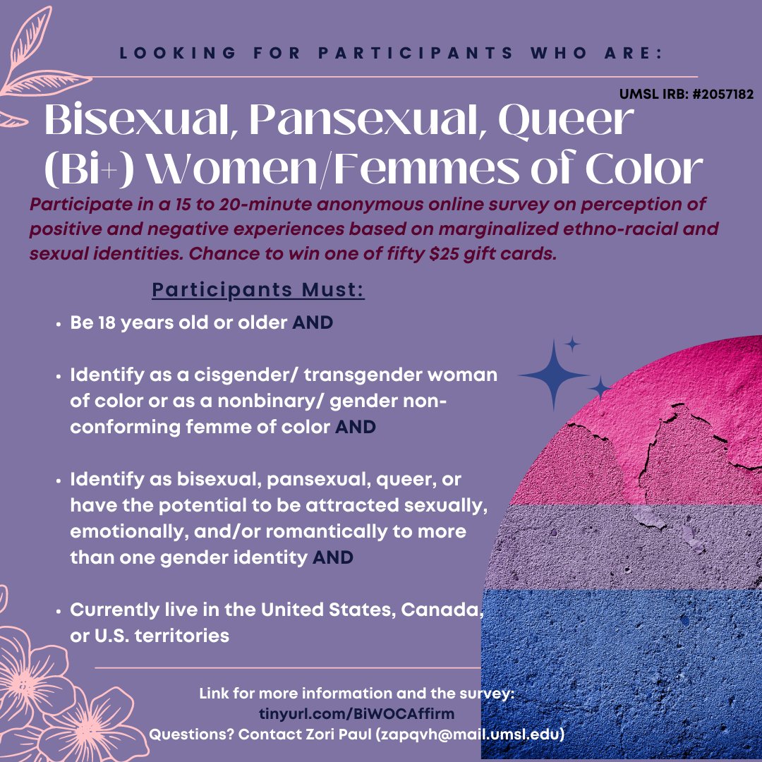 ZoriAmber's tweet photo. Participants needed for bi+ identity affirmation study! Must be 18+ y.o., cis/trans woman or femme of color, AND identify as #bisexual/#pansexual/#queer/fluid/nonmonosexual &amp; currently living in 🇺🇸/🇨🇦 https://t.co/GFMXWxclJG 

#AcademicTwitter #AcademicChatter #PhdChat #BiInSci https://t.co/EuBfFcmf4L