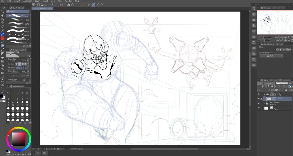 Man, Samus' new suit design in Dread is WAY more tricky to draw in perspective than I expected. It's kinda overwhelming to keep an eye out for ALL the details 😨 