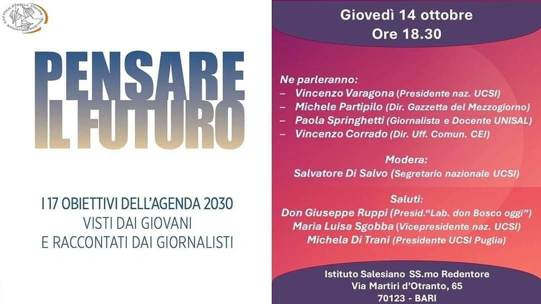 Verso #taranto #settimanasociale passando da #bari #pensandoilfuturo <a href="/UcsiSocial/">Ucsi Social</a> <a href="/UcsiSicilia/">Ucsi Sicilia</a> <a href="/UCSIToscana/">UCSI Toscana</a> <a href="/UcsiLazio/">UCSI Lazio</a> <a href="/UCSCEI/">@CEI</a> <a href="/VaniaDeLuca/">Vania De Luca</a> <a href="/OcchettaF/">Francesco Occhetta</a> <a href="/connessioniFP/">Comunità di Connessioni</a> <a href="/oss_romano/">L'Osservatore Romano</a> <a href="/fam_cristiana/">Famiglia Cristiana</a> <a href="/Avvenire_Nei/">𝐀𝐯𝐯𝐞𝐧𝐢𝐫𝐞</a> <a href="/giornaliFISC/">FISC settimanali</a> <a href="/AC1868/">Azione Cattolica</a> <a href="/settsociali/">Settimane sociali dei cattolici in Italia</a> <a href="/MaurizioSocci/">Maurizio Socci</a> <a href="/pichin/">pichu</a>