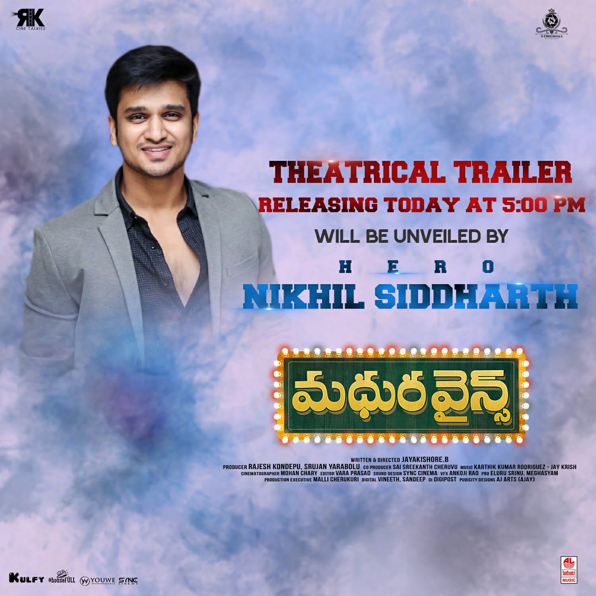 Ragalahari's tweet photo. Young Hero @actor_Nikhil to unveil the Theatrical Trailer of #MadhuraWines🥃 Today at 5 PM 🔥

Watch out for the New Release Date in Cinemas 🤘🏻

#JayaKishore @ynotsunnynaveen #SeemaChodary @SOriginals1 @Sammohittumulu1 @rkondepu @rkcinetalkies @nooble451 @saicheruvu @LahariMusic https://t.co/VVc1DI4vAe