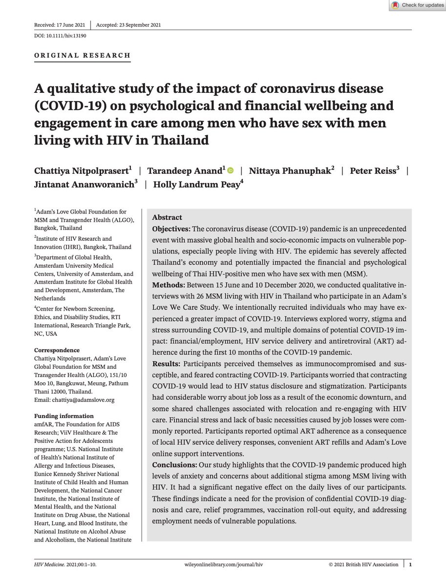 adamsloveglobal's tweet photo. Our latest research article “Impact of COVID-19 on Thai MSM living with HIV” published @HIV_Medicine is now available at https://t.co/aNu1A816On. We are most grateful to all authors, participants &amp; funders @ViiVHC @amfAR @NIH #PositiveAction @adamsloveglobal @heytemanteman https://t.co/howSMkjDcI