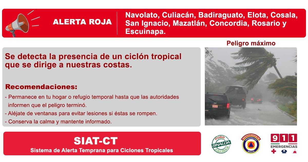 PC_Sinaloa's tweet photo. 🔴 ALERTA ROJA 🔴 para los siguientes municipios, se recomienda a la población extremar precauciones. #SIATCT https://t.co/ATiAZ9Vrt1