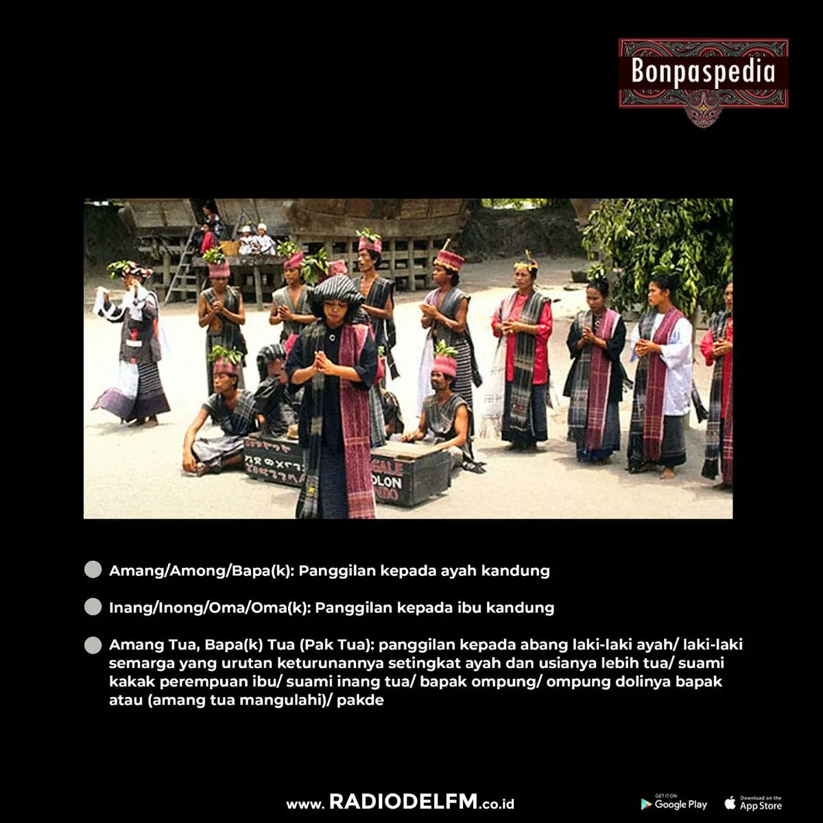 delfmradio's tweet photo. Sampai beberapa hari ke depan, di #bonpaspedia kita akan belajar tutur sapa di masyarakat batak. Jadi kalau berwisata ke Toba kamu bisa paham nih manggil pakde jadi bapatua😆
#wisata #toba #delfmradio #delfmupdate #bonpaspedia #bonapasogitpedia #3tahundelfmyukbisa https://t.co/zNsTDn4UHd