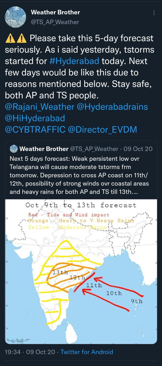 TS_AP_Weather's tweet photo. #13Oct2020 nightmare:
Some very early warnings for #HyderabadFloods i gave on 8-Oct itself (5 days prior) when still models were struggling on its path
☺Feel glad looking at this very early successful forecast
😰But brings chills remembering the suffering #Hyderabad went through https://t.co/Oxr5odm3k5