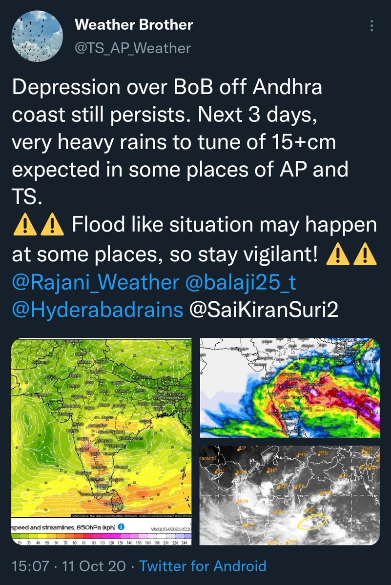 TS_AP_Weather's tweet photo. #13Oct2020 nightmare:
Some very early warnings for #HyderabadFloods i gave on 8-Oct itself (5 days prior) when still models were struggling on its path
☺Feel glad looking at this very early successful forecast
😰But brings chills remembering the suffering #Hyderabad went through https://t.co/Oxr5odm3k5