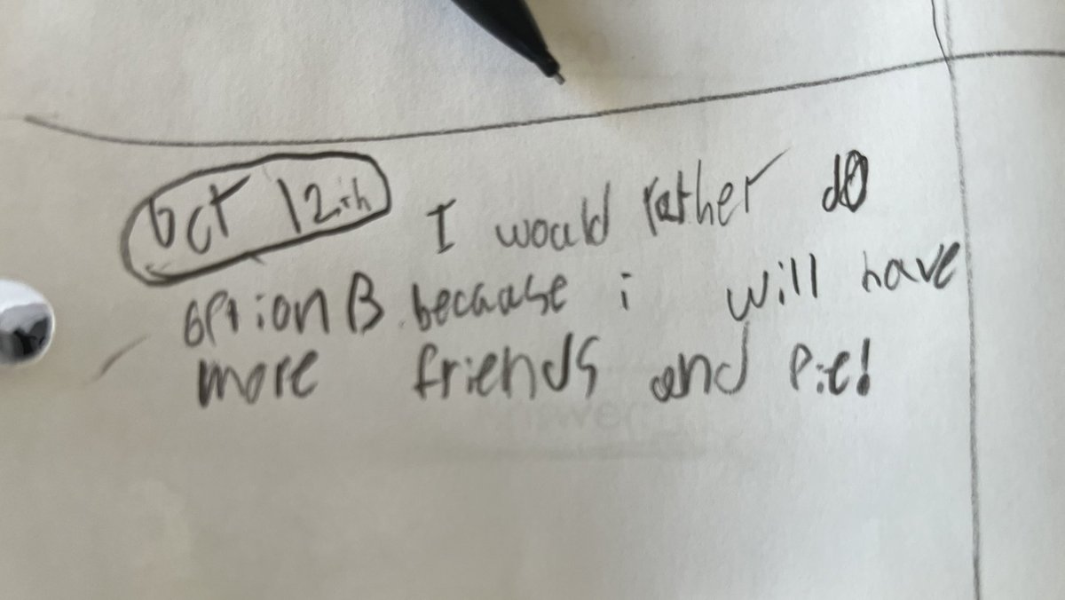 “Would you rather” for math chat today. Ss worked in pairs to decide what was the better option. Yum. You had me at pumpkin pie! #mathchat #numbertalks #WouldYouRather #iteachfourth #iteachfifth